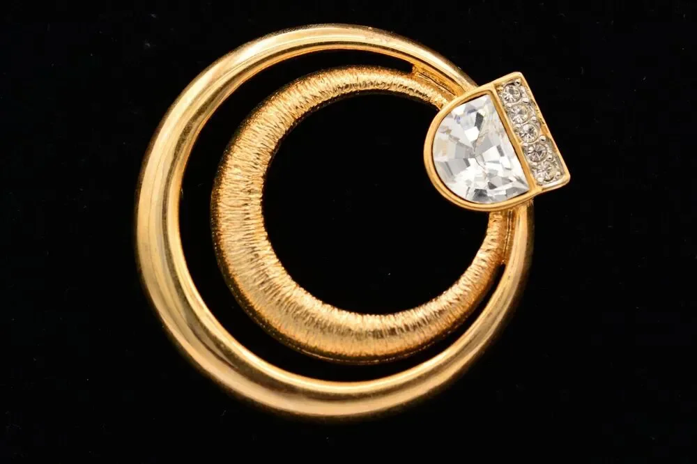 Craft Vintage Pin Brooch Rhinestone Crystal Gold Chunky Signed 1980s BinAT